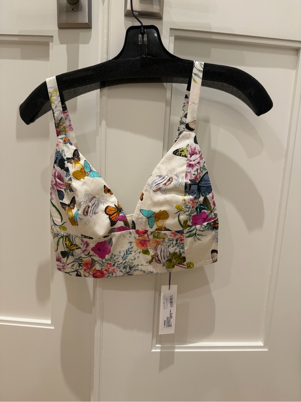 L'AGENCE Cream Butterfly Print Crop Top